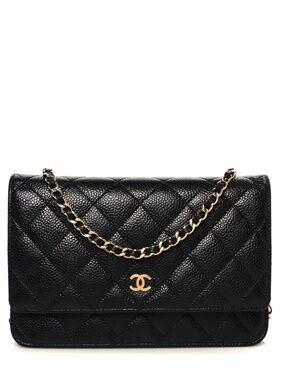 CHANEL | WOC | CHANEL Black Quilted Leather Chain Wallet with Gold Hardware